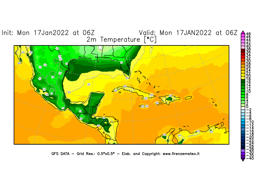 Mappa di analisi GFS - Temperatura a 2 metri dal suolo [°C] in Centro-America
							del 17/01/2022 06 <!--googleoff: index-->UTC<!--googleon: index-->
