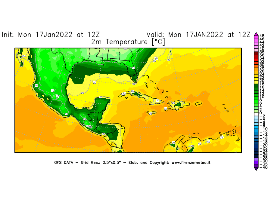 Mappa di analisi GFS - Temperatura a 2 metri dal suolo [°C] in Centro-America
							del 17/01/2022 12 <!--googleoff: index-->UTC<!--googleon: index-->