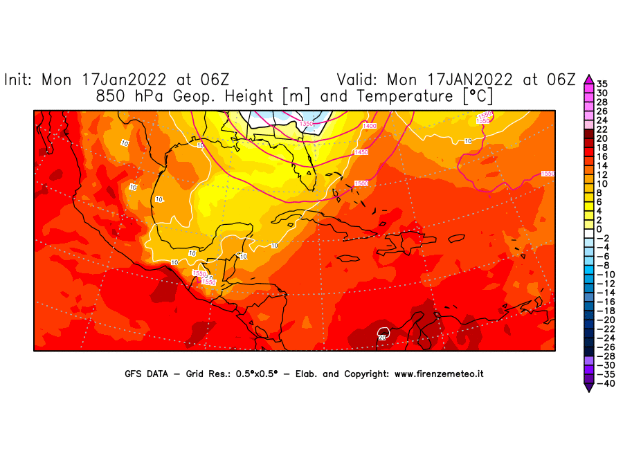 Mappa di analisi GFS - Geopotenziale [m] e Temperatura [°C] a 850 hPa in Centro-America
							del 17/01/2022 06 <!--googleoff: index-->UTC<!--googleon: index-->