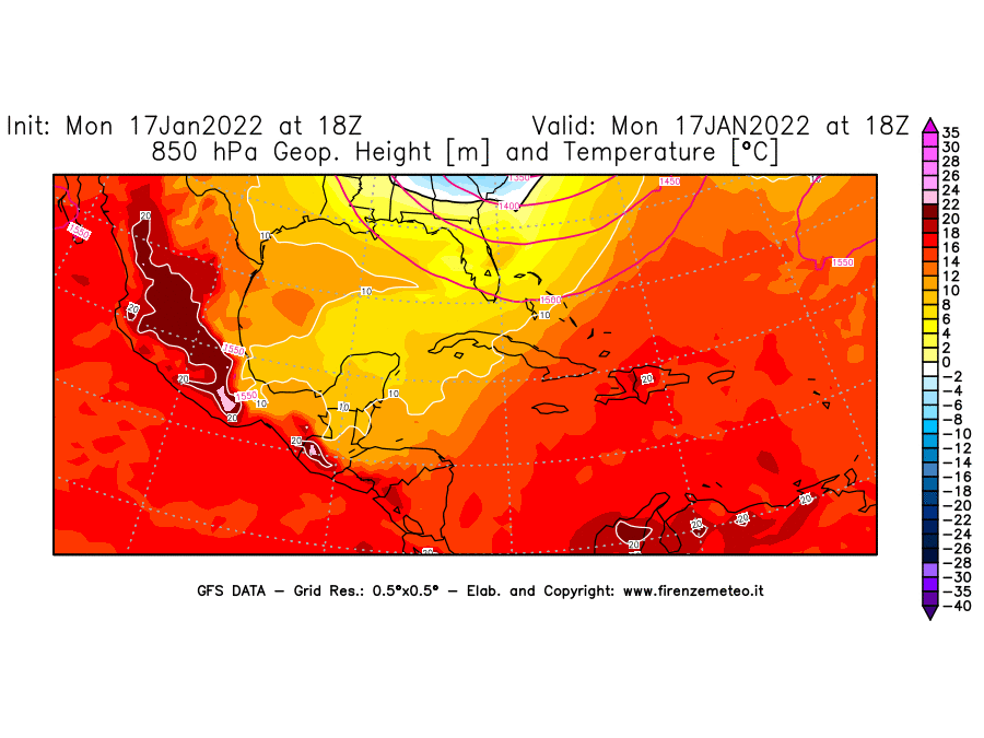 Mappa di analisi GFS - Geopotenziale [m] e Temperatura [°C] a 850 hPa in Centro-America
							del 17/01/2022 18 <!--googleoff: index-->UTC<!--googleon: index-->