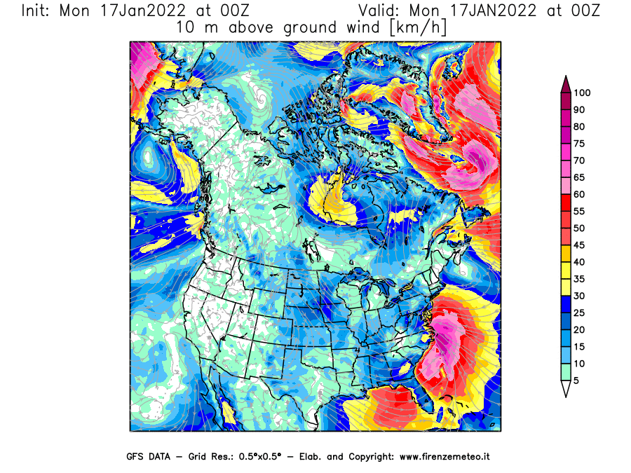 Mappa di analisi GFS - Velocità del vento a 10 metri dal suolo [km/h] in Nord-America
							del 17/01/2022 00 <!--googleoff: index-->UTC<!--googleon: index-->