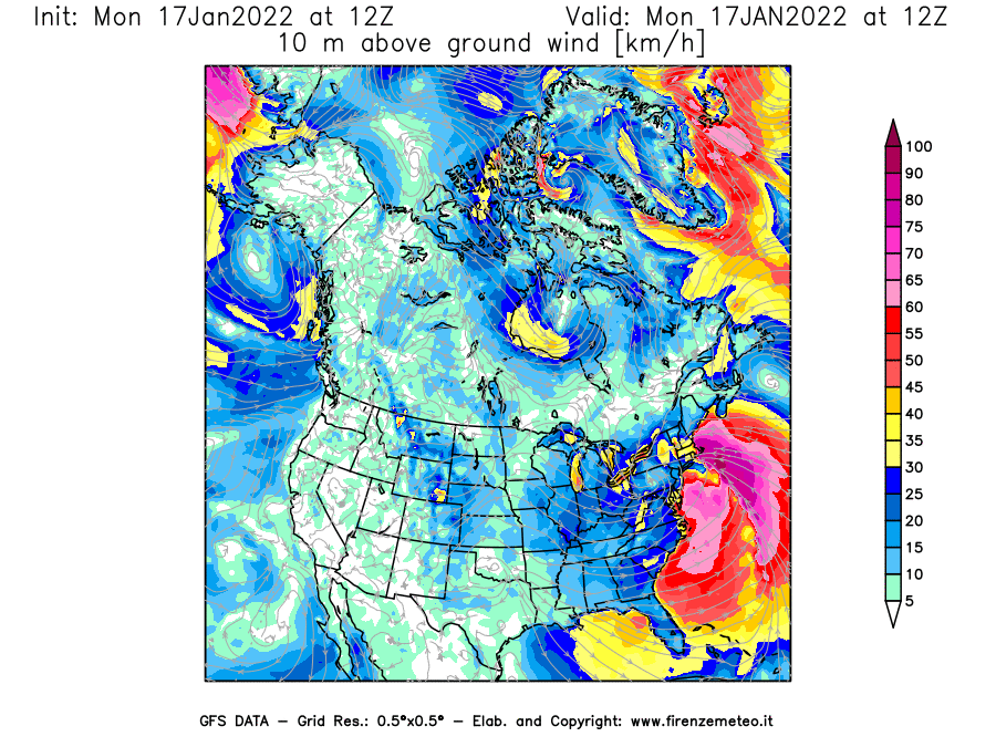 Mappa di analisi GFS - Velocità del vento a 10 metri dal suolo [km/h] in Nord-America
							del 17/01/2022 12 <!--googleoff: index-->UTC<!--googleon: index-->