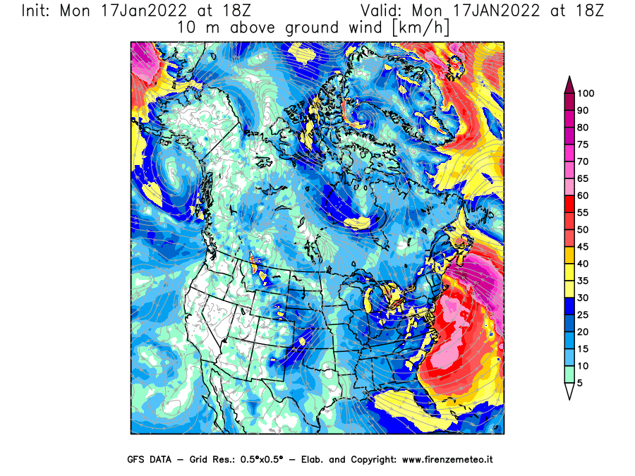 Mappa di analisi GFS - Velocità del vento a 10 metri dal suolo [km/h] in Nord-America
							del 17/01/2022 18 <!--googleoff: index-->UTC<!--googleon: index-->