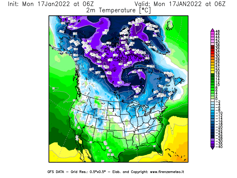 Mappa di analisi GFS - Temperatura a 2 metri dal suolo [°C] in Nord-America
							del 17/01/2022 06 <!--googleoff: index-->UTC<!--googleon: index-->