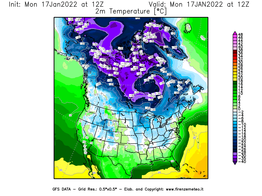 Mappa di analisi GFS - Temperatura a 2 metri dal suolo [°C] in Nord-America
							del 17/01/2022 12 <!--googleoff: index-->UTC<!--googleon: index-->