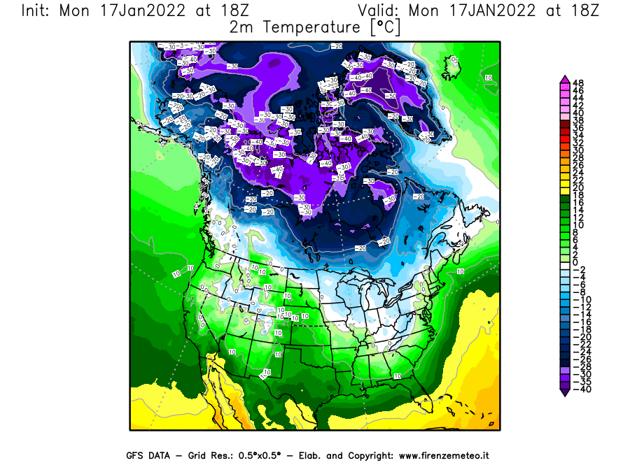 Mappa di analisi GFS - Temperatura a 2 metri dal suolo [°C] in Nord-America
							del 17/01/2022 18 <!--googleoff: index-->UTC<!--googleon: index-->