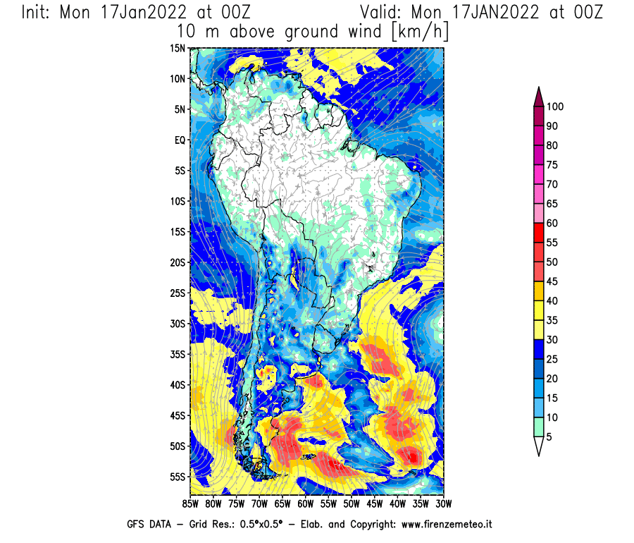 Mappa di analisi GFS - Velocità del vento a 10 metri dal suolo [km/h] in Sud-America
							del 17/01/2022 00 <!--googleoff: index-->UTC<!--googleon: index-->