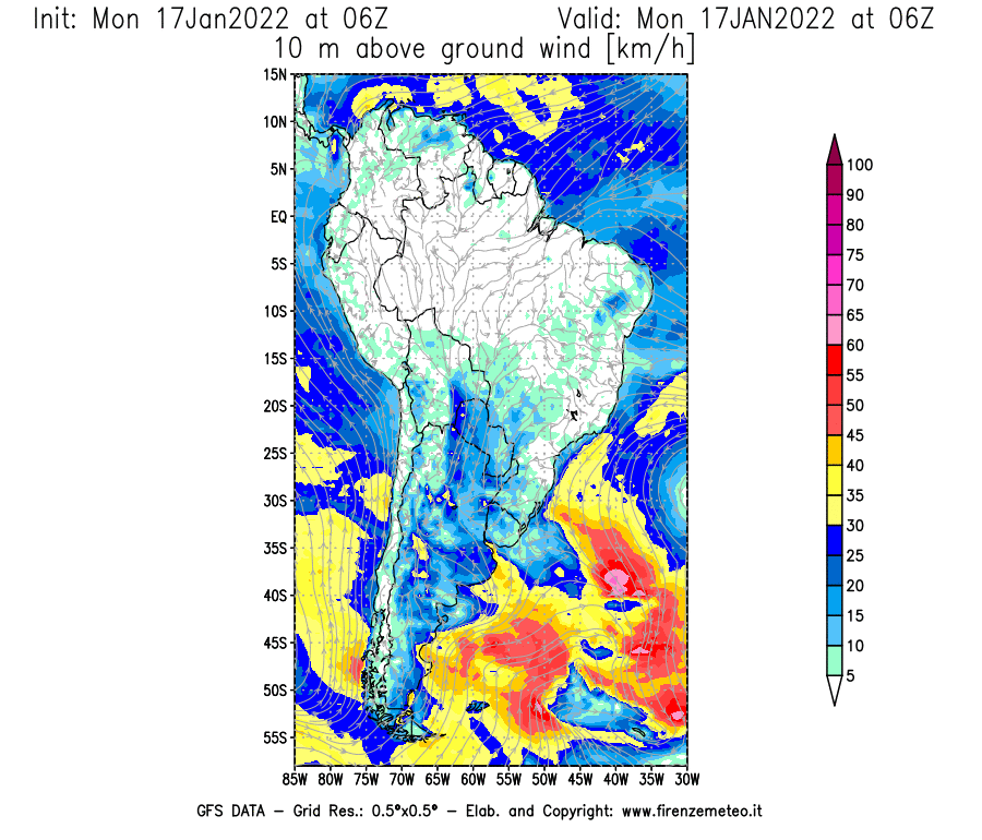 Mappa di analisi GFS - Velocità del vento a 10 metri dal suolo [km/h] in Sud-America
							del 17/01/2022 06 <!--googleoff: index-->UTC<!--googleon: index-->