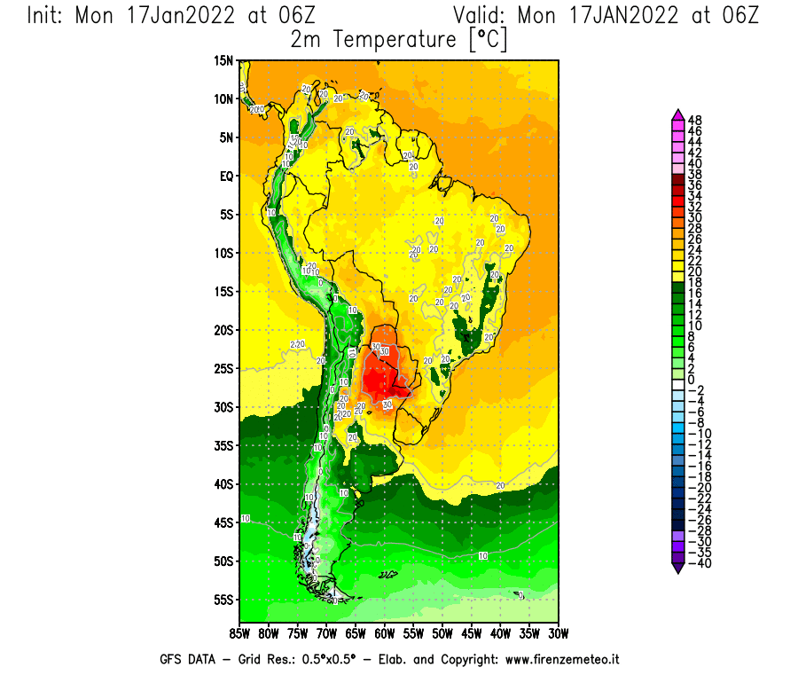 Mappa di analisi GFS - Temperatura a 2 metri dal suolo [°C] in Sud-America
							del 17/01/2022 06 <!--googleoff: index-->UTC<!--googleon: index-->