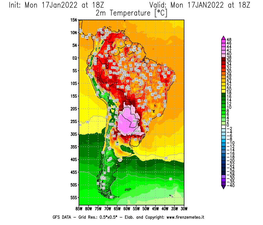 Mappa di analisi GFS - Temperatura a 2 metri dal suolo [°C] in Sud-America
							del 17/01/2022 18 <!--googleoff: index-->UTC<!--googleon: index-->