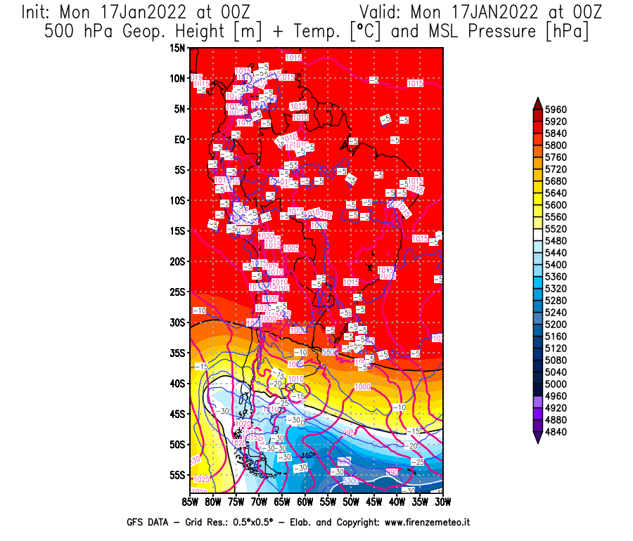 Mappa di analisi GFS - Geopotenziale [m] + Temp. [°C] a 500 hPa + Press. a livello del mare [hPa] in Sud-America
							del 17/01/2022 00 <!--googleoff: index-->UTC<!--googleon: index-->