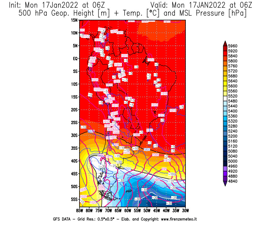 Mappa di analisi GFS - Geopotenziale [m] + Temp. [°C] a 500 hPa + Press. a livello del mare [hPa] in Sud-America
							del 17/01/2022 06 <!--googleoff: index-->UTC<!--googleon: index-->