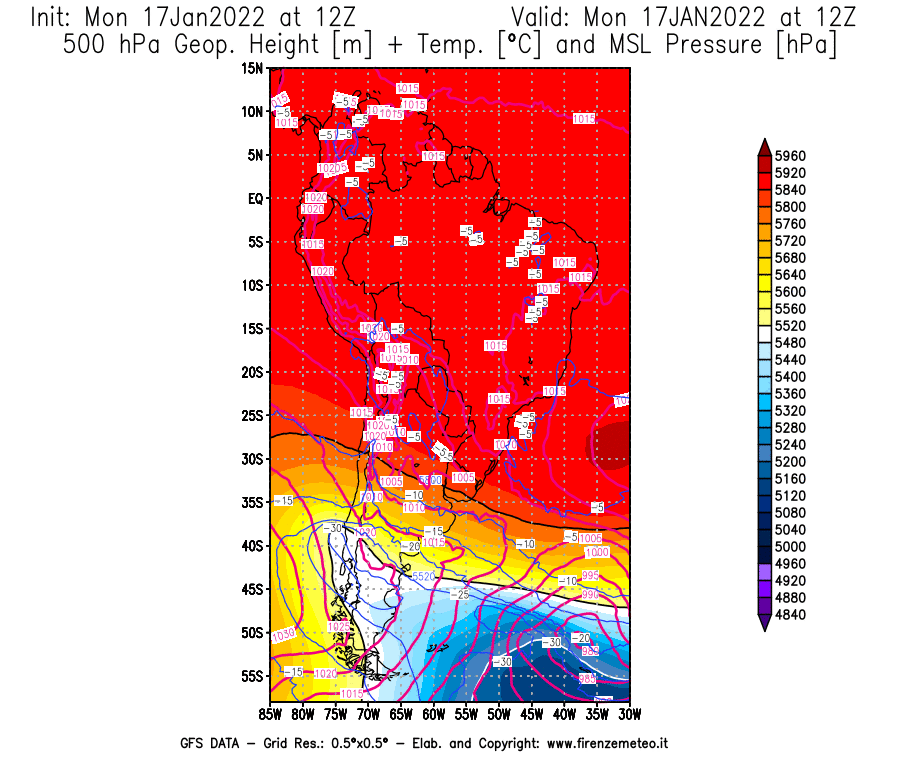 Mappa di analisi GFS - Geopotenziale [m] + Temp. [°C] a 500 hPa + Press. a livello del mare [hPa] in Sud-America
							del 17/01/2022 12 <!--googleoff: index-->UTC<!--googleon: index-->