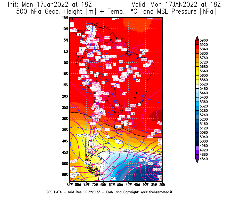 Mappa di analisi GFS - Geopotenziale [m] + Temp. [°C] a 500 hPa + Press. a livello del mare [hPa] in Sud-America
							del 17/01/2022 18 <!--googleoff: index-->UTC<!--googleon: index-->