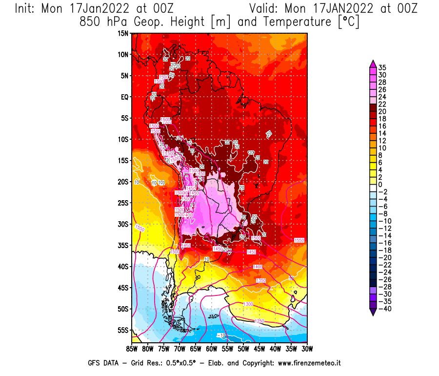 Mappa di analisi GFS - Geopotenziale [m] e Temperatura [°C] a 850 hPa in Sud-America
							del 17/01/2022 00 <!--googleoff: index-->UTC<!--googleon: index-->