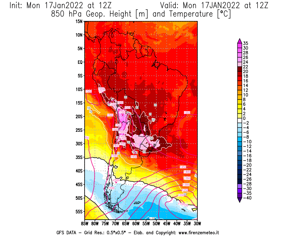 Mappa di analisi GFS - Geopotenziale [m] e Temperatura [°C] a 850 hPa in Sud-America
							del 17/01/2022 12 <!--googleoff: index-->UTC<!--googleon: index-->