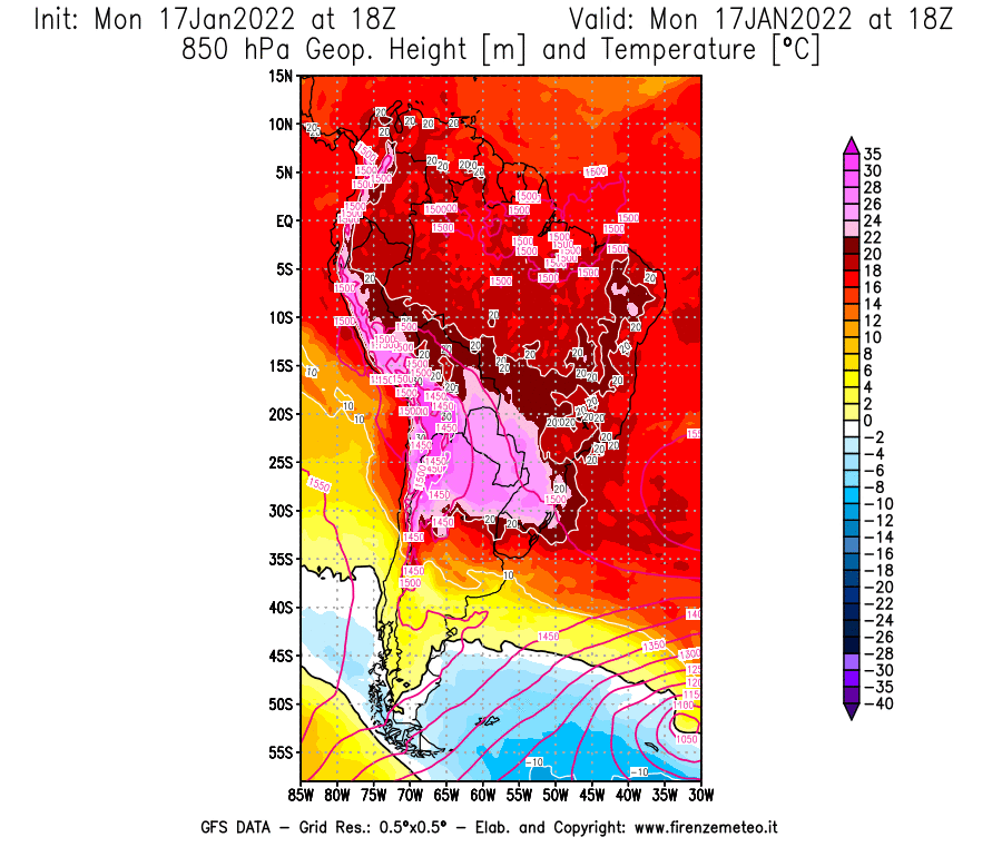 Mappa di analisi GFS - Geopotenziale [m] e Temperatura [°C] a 850 hPa in Sud-America
							del 17/01/2022 18 <!--googleoff: index-->UTC<!--googleon: index-->