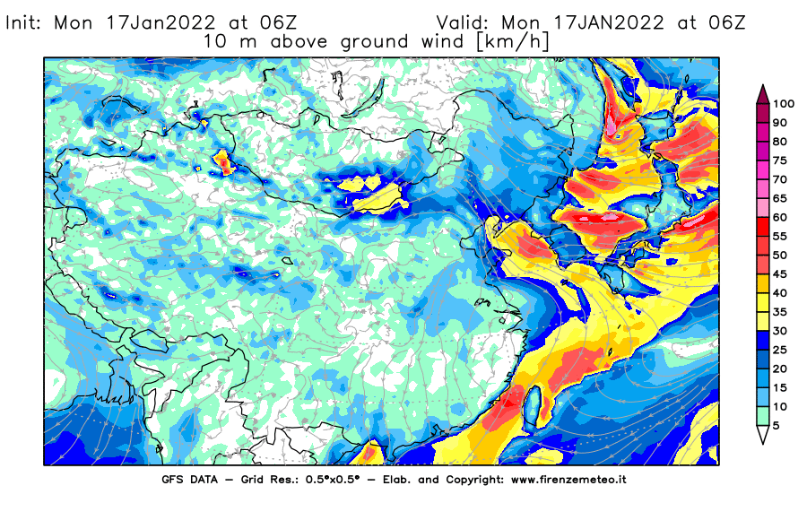 Mappa di analisi GFS - Velocità del vento a 10 metri dal suolo [km/h] in Asia Orientale
							del 17/01/2022 06 <!--googleoff: index-->UTC<!--googleon: index-->