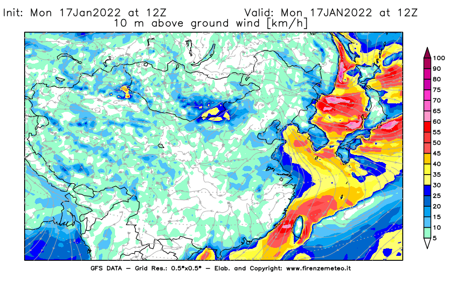 Mappa di analisi GFS - Velocità del vento a 10 metri dal suolo [km/h] in Asia Orientale
							del 17/01/2022 12 <!--googleoff: index-->UTC<!--googleon: index-->