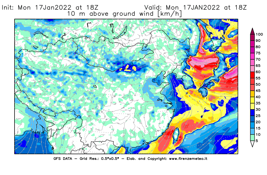 Mappa di analisi GFS - Velocità del vento a 10 metri dal suolo [km/h] in Asia Orientale
							del 17/01/2022 18 <!--googleoff: index-->UTC<!--googleon: index-->