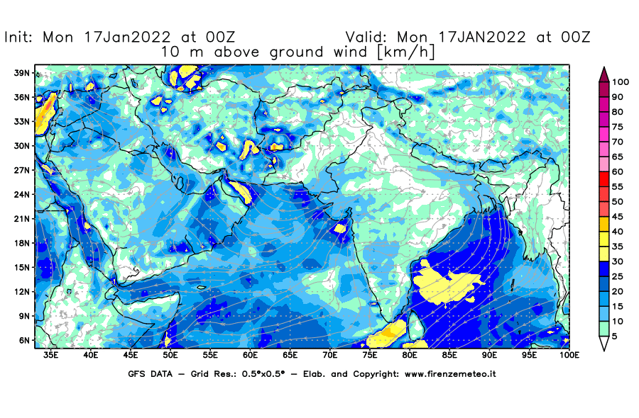 Mappa di analisi GFS - Velocità del vento a 10 metri dal suolo [km/h] in Asia Sud-Occidentale
							del 17/01/2022 00 <!--googleoff: index-->UTC<!--googleon: index-->