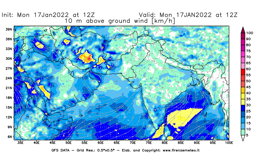 Mappa di analisi GFS - Velocità del vento a 10 metri dal suolo [km/h] in Asia Sud-Occidentale
							del 17/01/2022 12 <!--googleoff: index-->UTC<!--googleon: index-->