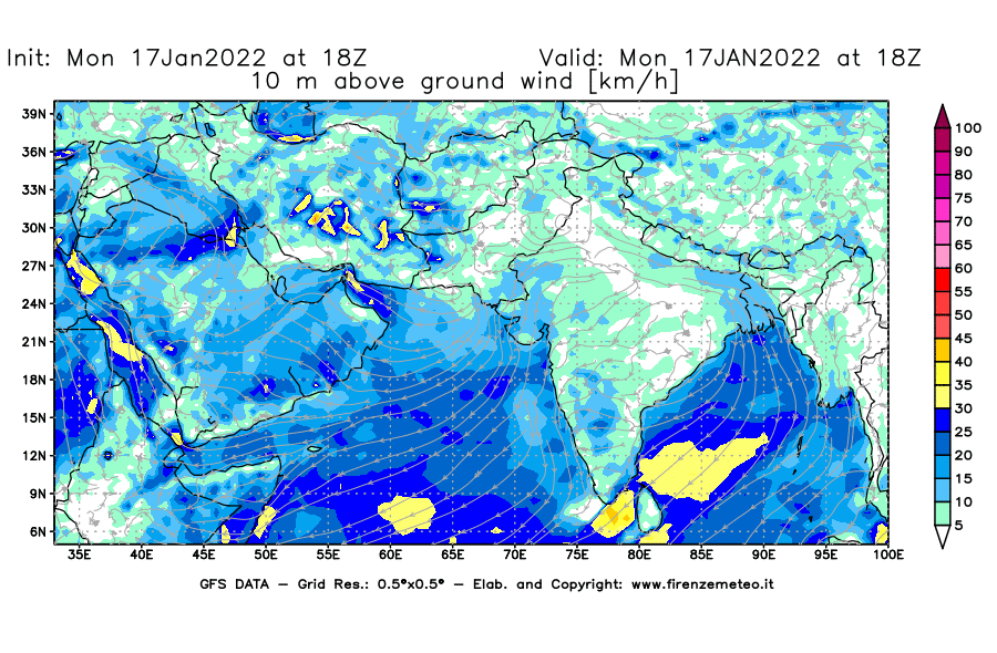 Mappa di analisi GFS - Velocità del vento a 10 metri dal suolo [km/h] in Asia Sud-Occidentale
							del 17/01/2022 18 <!--googleoff: index-->UTC<!--googleon: index-->