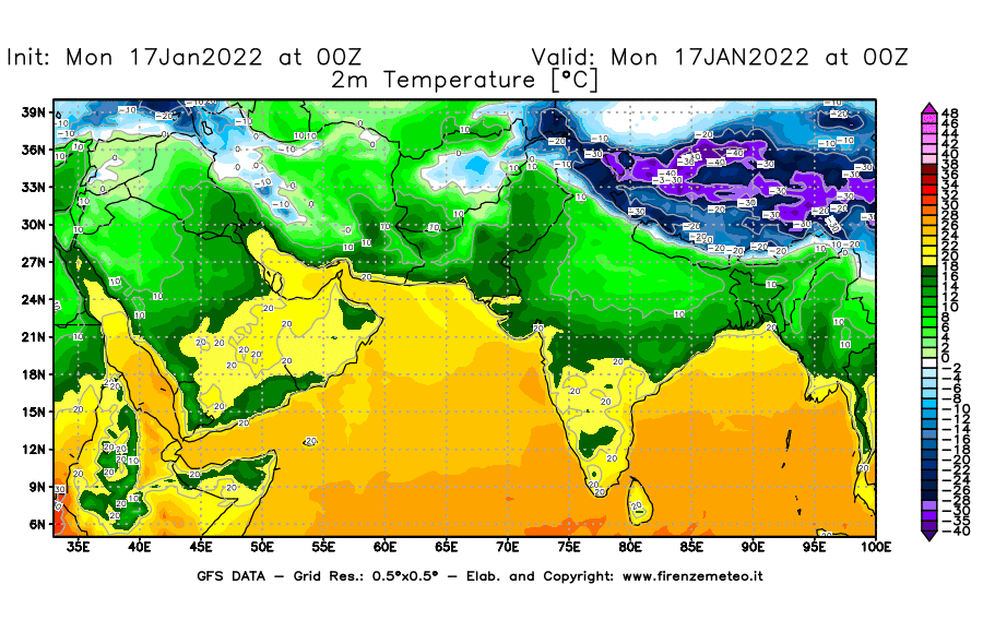 Mappa di analisi GFS - Temperatura a 2 metri dal suolo [°C] in Asia Sud-Occidentale
							del 17/01/2022 00 <!--googleoff: index-->UTC<!--googleon: index-->