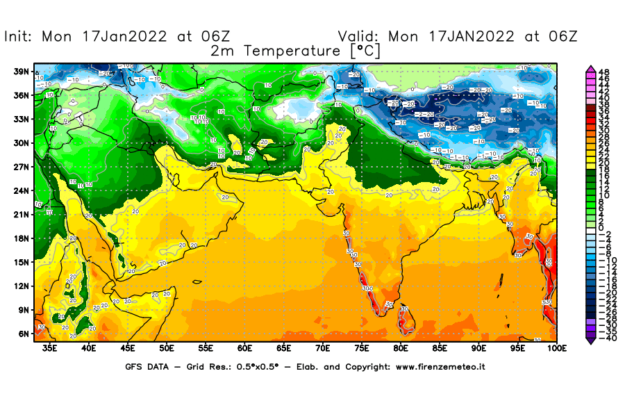 Mappa di analisi GFS - Temperatura a 2 metri dal suolo [°C] in Asia Sud-Occidentale
							del 17/01/2022 06 <!--googleoff: index-->UTC<!--googleon: index-->