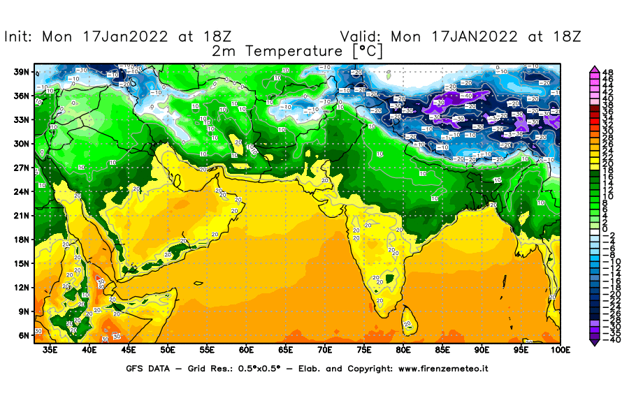Mappa di analisi GFS - Temperatura a 2 metri dal suolo [°C] in Asia Sud-Occidentale
							del 17/01/2022 18 <!--googleoff: index-->UTC<!--googleon: index-->