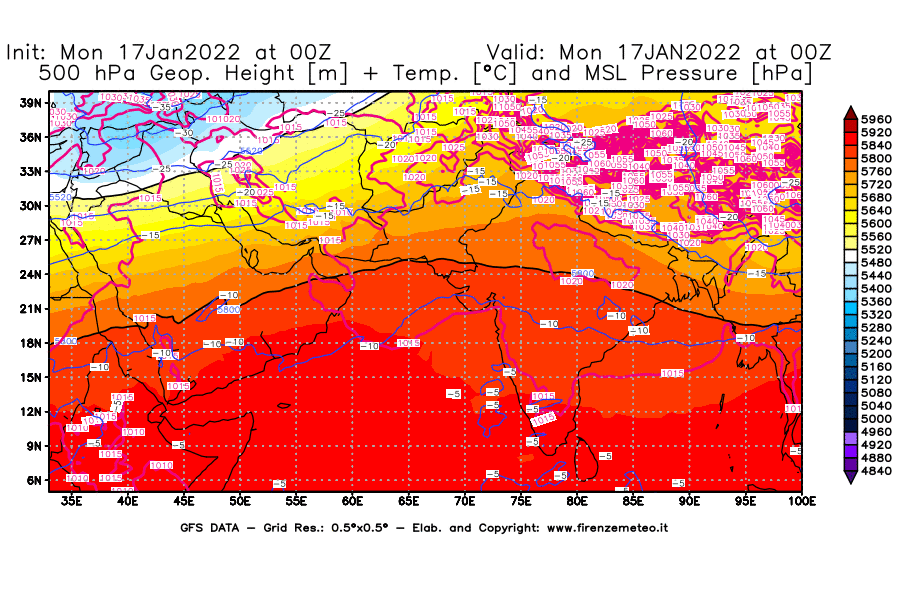 Mappa di analisi GFS - Geopotenziale [m] + Temp. [°C] a 500 hPa + Press. a livello del mare [hPa] in Asia Sud-Occidentale
							del 17/01/2022 00 <!--googleoff: index-->UTC<!--googleon: index-->
