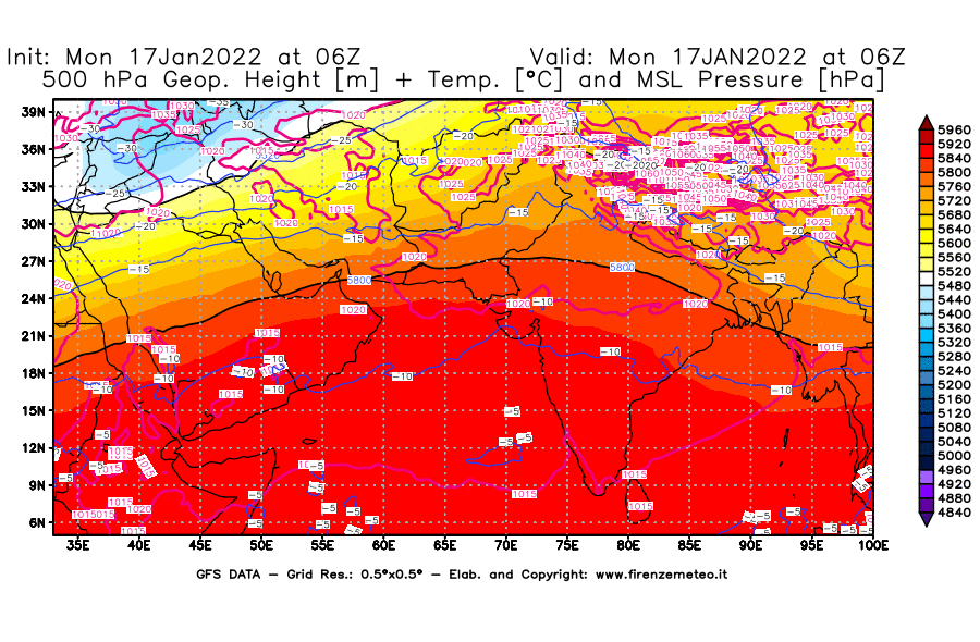 Mappa di analisi GFS - Geopotenziale [m] + Temp. [°C] a 500 hPa + Press. a livello del mare [hPa] in Asia Sud-Occidentale
							del 17/01/2022 06 <!--googleoff: index-->UTC<!--googleon: index-->