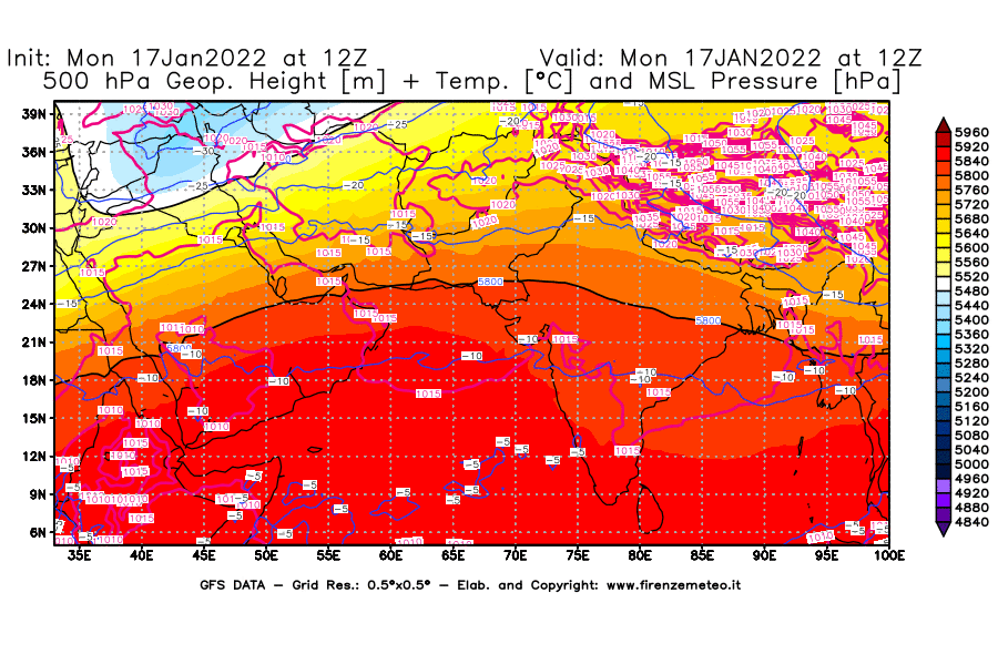 Mappa di analisi GFS - Geopotenziale [m] + Temp. [°C] a 500 hPa + Press. a livello del mare [hPa] in Asia Sud-Occidentale
							del 17/01/2022 12 <!--googleoff: index-->UTC<!--googleon: index-->