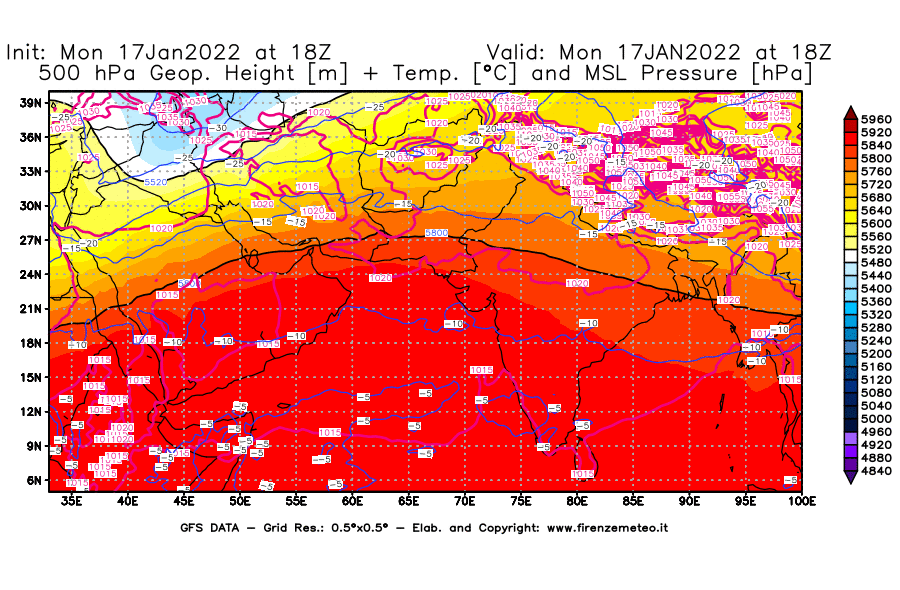 Mappa di analisi GFS - Geopotenziale [m] + Temp. [°C] a 500 hPa + Press. a livello del mare [hPa] in Asia Sud-Occidentale
							del 17/01/2022 18 <!--googleoff: index-->UTC<!--googleon: index-->