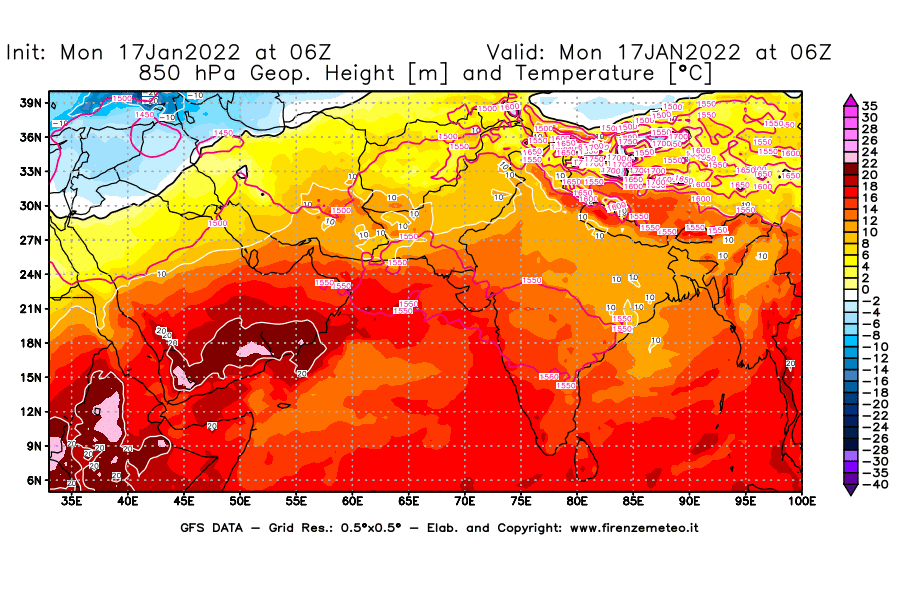 Mappa di analisi GFS - Geopotenziale [m] e Temperatura [°C] a 850 hPa in Asia Sud-Occidentale
							del 17/01/2022 06 <!--googleoff: index-->UTC<!--googleon: index-->