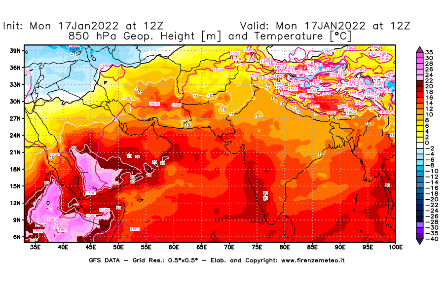 Mappa di analisi GFS - Geopotenziale [m] e Temperatura [°C] a 850 hPa in Asia Sud-Occidentale
							del 17/01/2022 12 <!--googleoff: index-->UTC<!--googleon: index-->