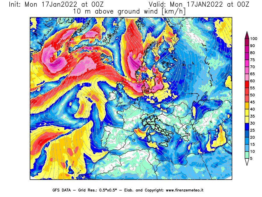 Mappa di analisi GFS - Velocità del vento a 10 metri dal suolo [km/h] in Europa
							del 17/01/2022 00 <!--googleoff: index-->UTC<!--googleon: index-->