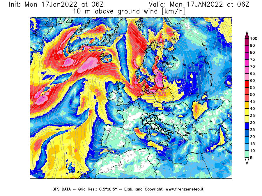 Mappa di analisi GFS - Velocità del vento a 10 metri dal suolo [km/h] in Europa
							del 17/01/2022 06 <!--googleoff: index-->UTC<!--googleon: index-->