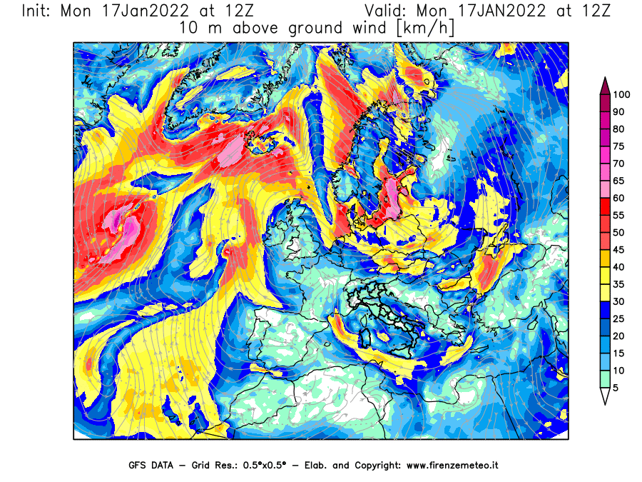 Mappa di analisi GFS - Velocità del vento a 10 metri dal suolo [km/h] in Europa
							del 17/01/2022 12 <!--googleoff: index-->UTC<!--googleon: index-->