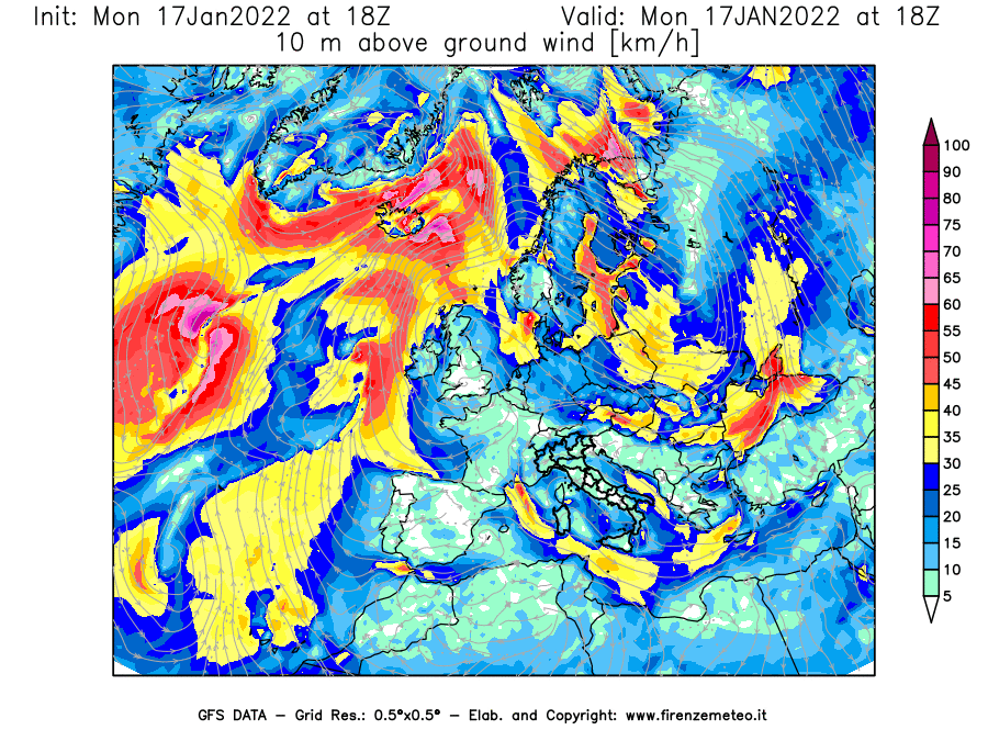 Mappa di analisi GFS - Velocità del vento a 10 metri dal suolo [km/h] in Europa
							del 17/01/2022 18 <!--googleoff: index-->UTC<!--googleon: index-->