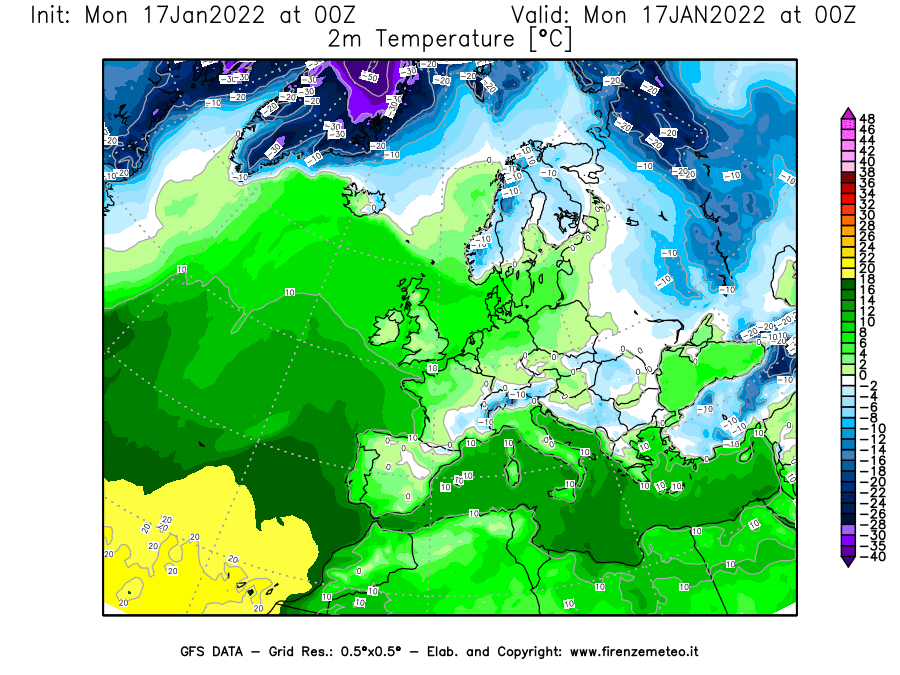 Mappa di analisi GFS - Temperatura a 2 metri dal suolo [°C] in Europa
							del 17/01/2022 00 <!--googleoff: index-->UTC<!--googleon: index-->