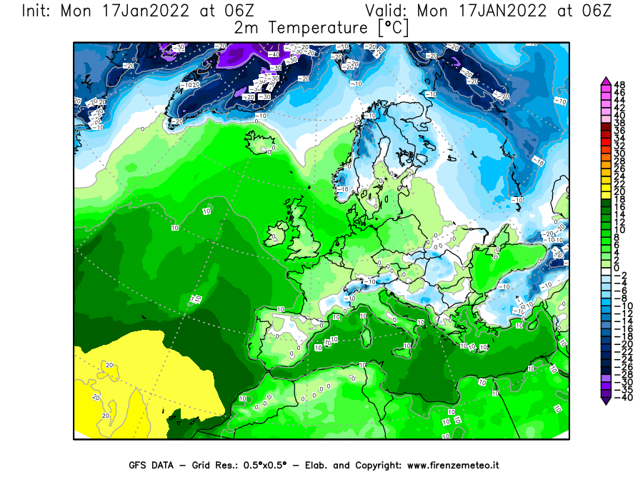 Mappa di analisi GFS - Temperatura a 2 metri dal suolo [°C] in Europa
							del 17/01/2022 06 <!--googleoff: index-->UTC<!--googleon: index-->