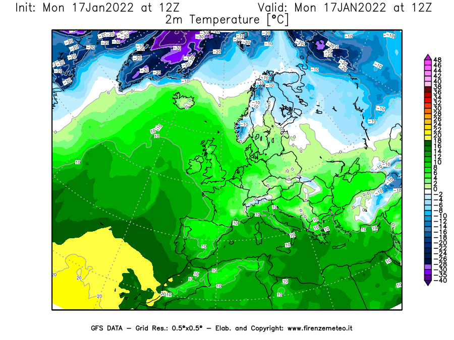 Mappa di analisi GFS - Temperatura a 2 metri dal suolo [°C] in Europa
							del 17/01/2022 12 <!--googleoff: index-->UTC<!--googleon: index-->