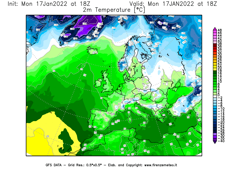 Mappa di analisi GFS - Temperatura a 2 metri dal suolo [°C] in Europa
							del 17/01/2022 18 <!--googleoff: index-->UTC<!--googleon: index-->