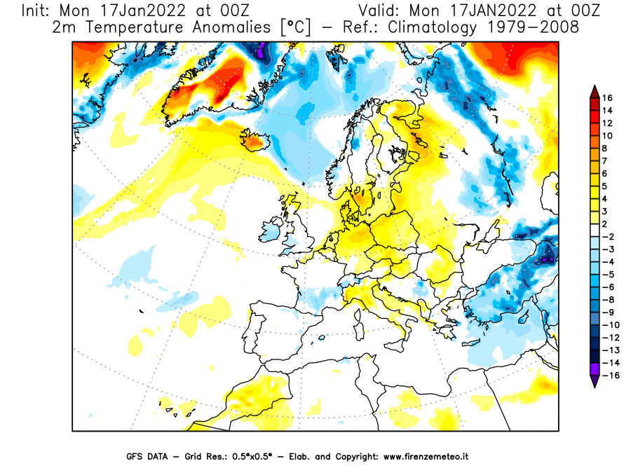 Mappa di analisi GFS - Anomalia Temperatura [°C] a 2 m in Europa
							del 17/01/2022 00 <!--googleoff: index-->UTC<!--googleon: index-->