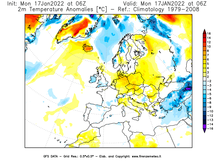 Mappa di analisi GFS - Anomalia Temperatura [°C] a 2 m in Europa
							del 17/01/2022 06 <!--googleoff: index-->UTC<!--googleon: index-->