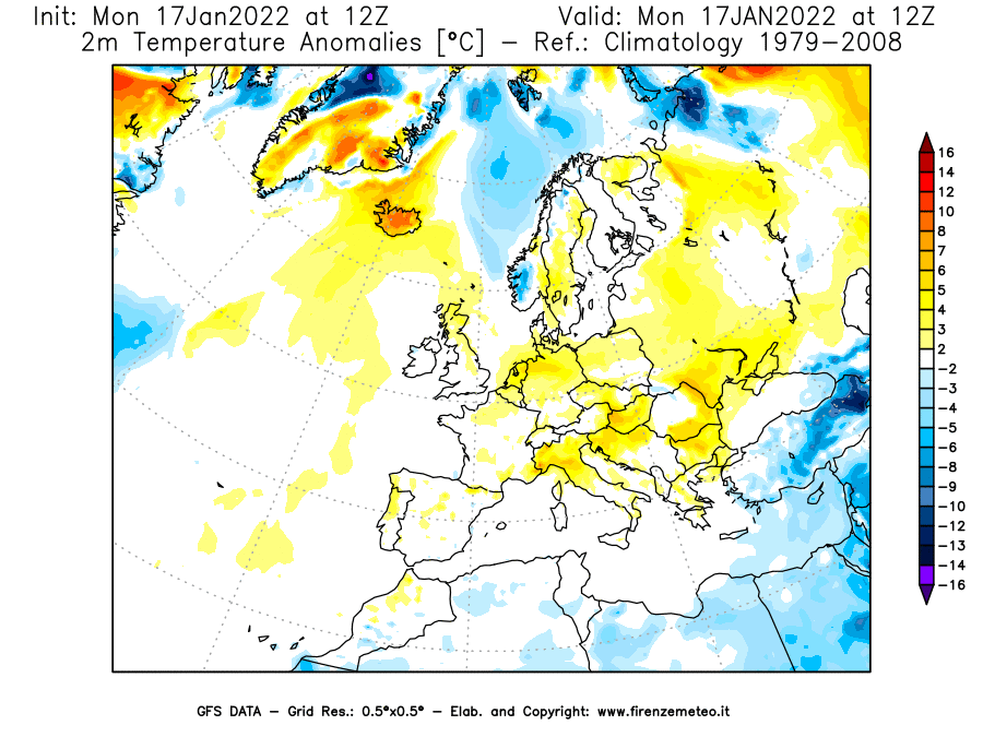 Mappa di analisi GFS - Anomalia Temperatura [°C] a 2 m in Europa
							del 17/01/2022 12 <!--googleoff: index-->UTC<!--googleon: index-->