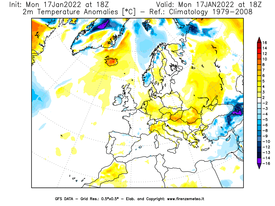 Mappa di analisi GFS - Anomalia Temperatura [°C] a 2 m in Europa
							del 17/01/2022 18 <!--googleoff: index-->UTC<!--googleon: index-->