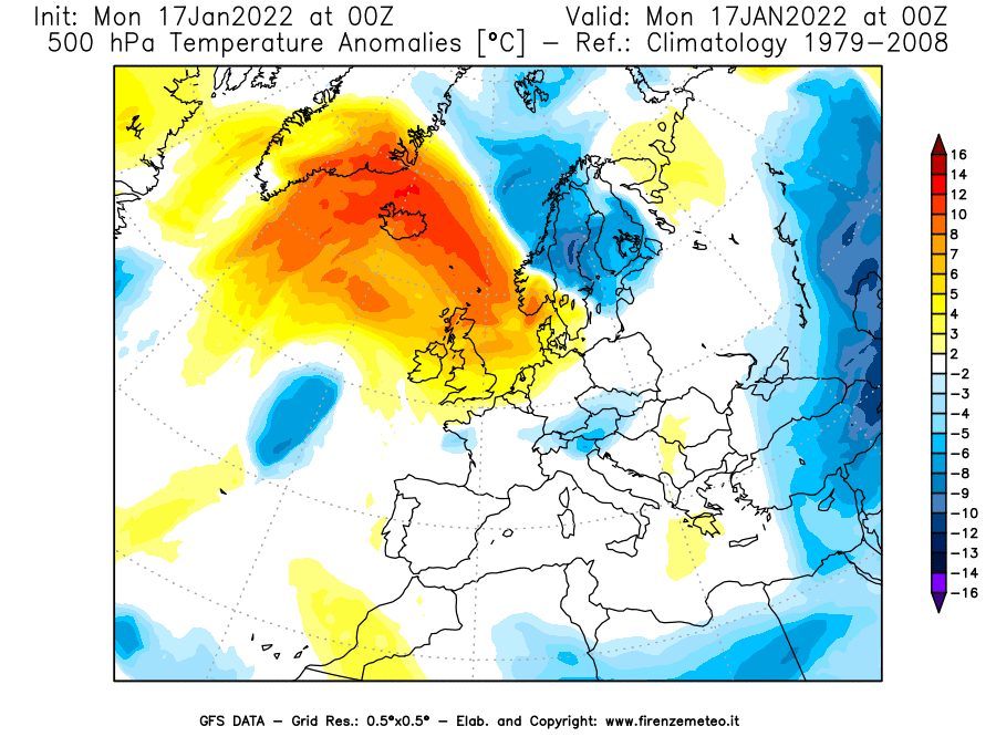 Mappa di analisi GFS - Anomalia Temperatura [°C] a 500 hPa in Europa
							del 17/01/2022 00 <!--googleoff: index-->UTC<!--googleon: index-->