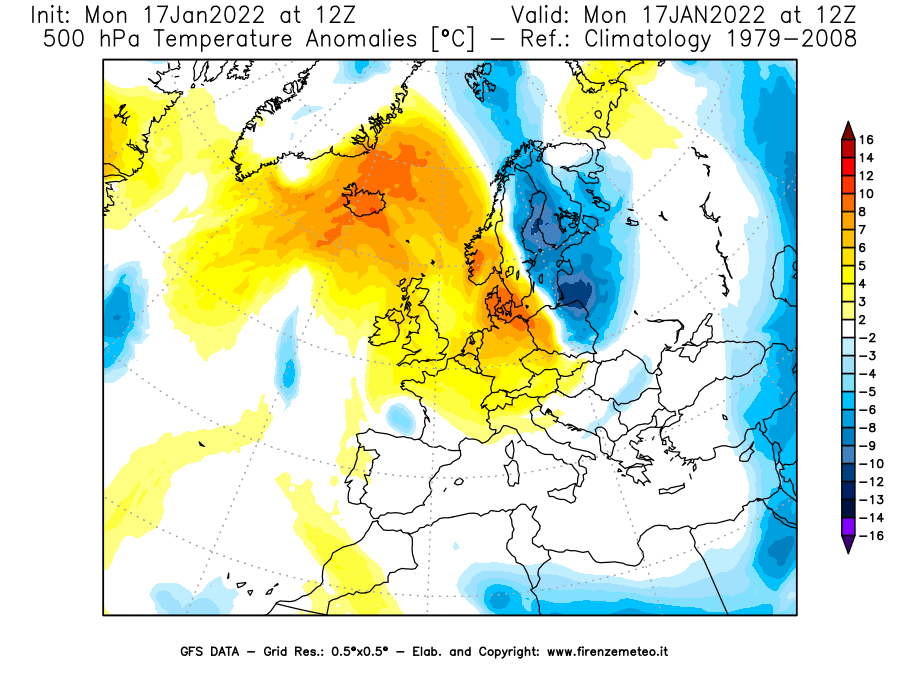 Mappa di analisi GFS - Anomalia Temperatura [°C] a 500 hPa in Europa
							del 17/01/2022 12 <!--googleoff: index-->UTC<!--googleon: index-->